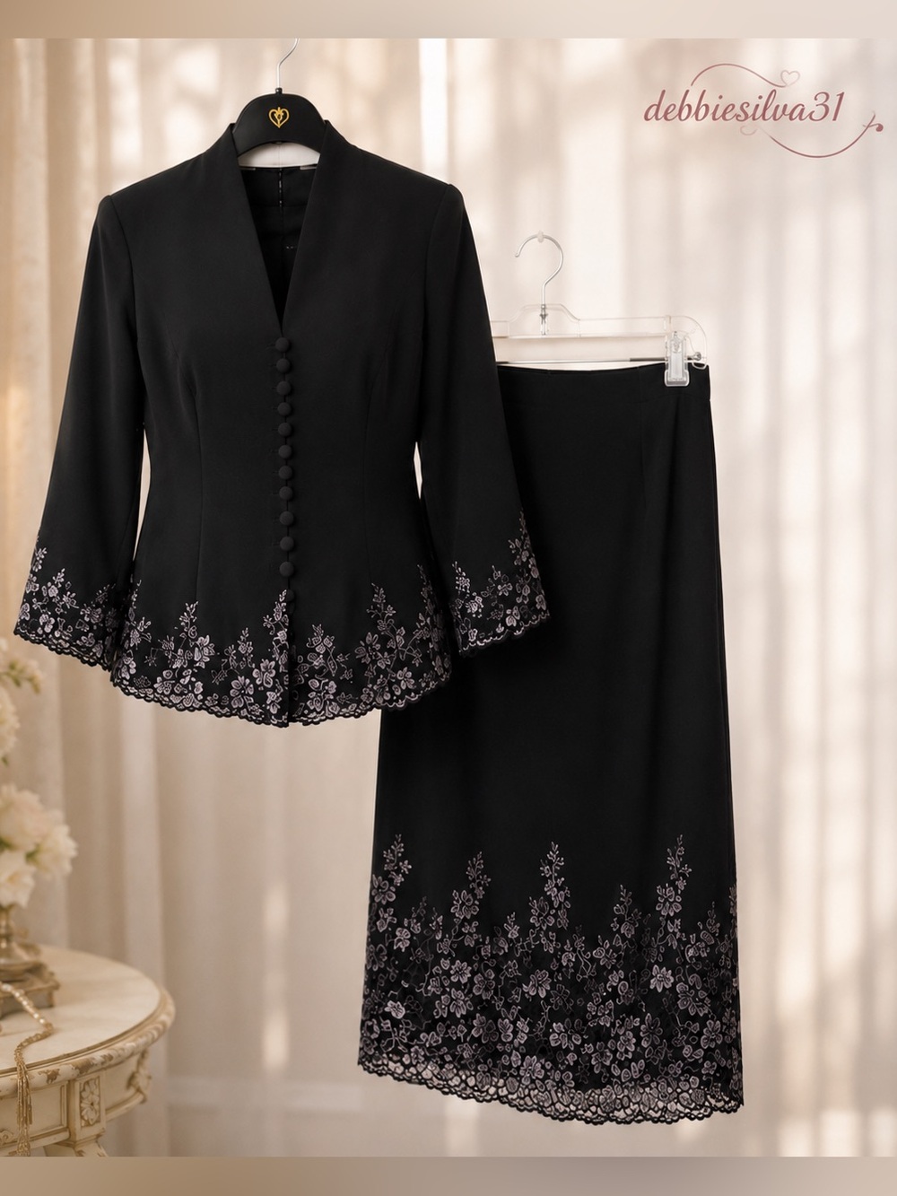 Montage Collection by Mon Cheri  Black Lace Beaded Jacket & Skirt Set